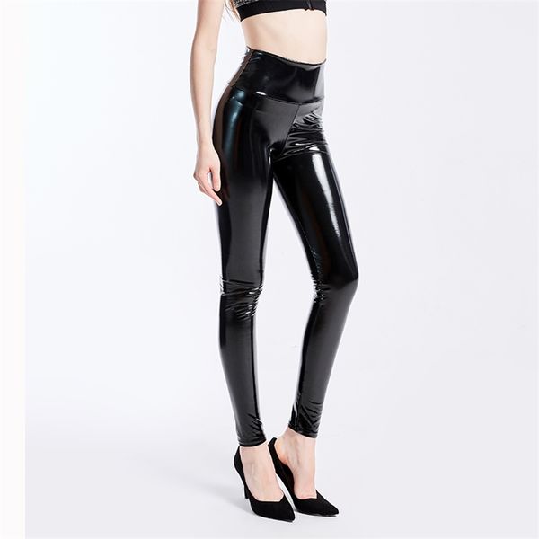 

plus size xxxl women black leggings high waist elastic pu leather skinny pants shiny wet look metallic latex 210910
