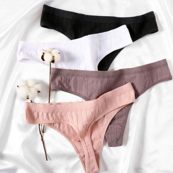 

women's panties 4pcs/set g-string underwear embossed cotton thongs briefs threaded solid color underpant, Black;pink