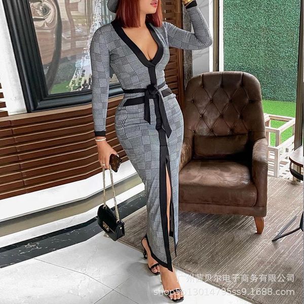 

ethnic clothing wepbel women spring autumn elegant plaid bodycon dress ladies long sleeve v neck lace up split pencil, Red