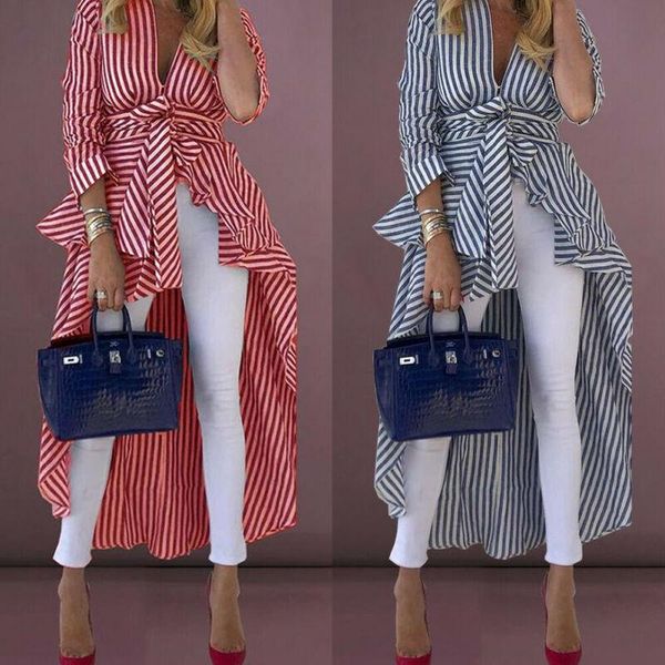 

fashion women chic loose long sleeve striped belted shirt casual blouse office lady girl v-neck ruffles asymmetry hem shirts, White