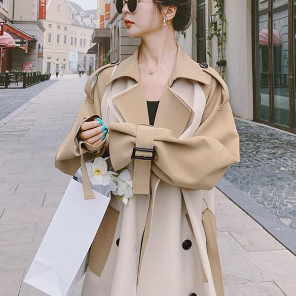 

women's wool & blends fashion lapel long trench coat, autumn and winter 2021 loose contrast stitching over-the-knee coat jacket, Black