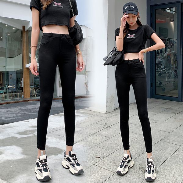 

new 2021 women fashion slim high waisted stretchy ny pencil pants solid color streetwear trousers u13n, Black