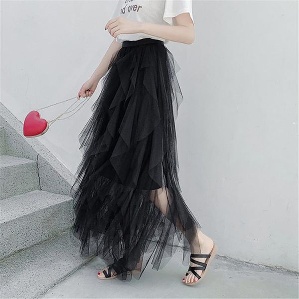 

skirts women fairy style multi-layer voile tulle beach skirt lace princess bouffant puffy for long tutu, Black