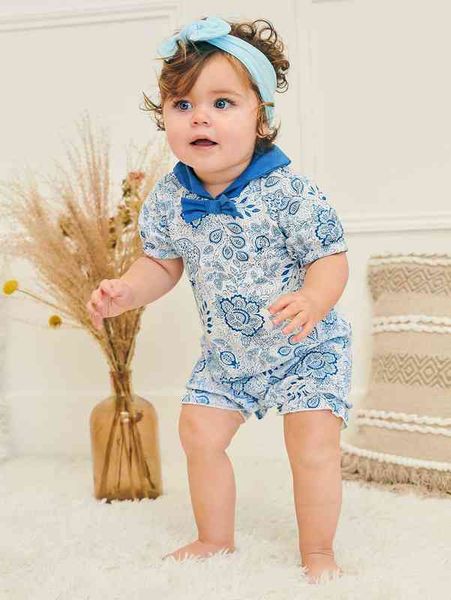 

baby plant print contrast collar button back romper she, Blue
