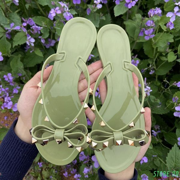 

sandals 2021 fashion woman flip flops summer shoes cool beach rivets big bow flat brand jelly girls size 36-42, Black