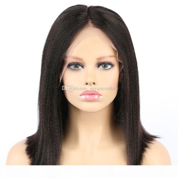 

my queen lace human wigs short yaki straight bob natural wave brazilian hair 150% density with baby hair for black women, Black;brown