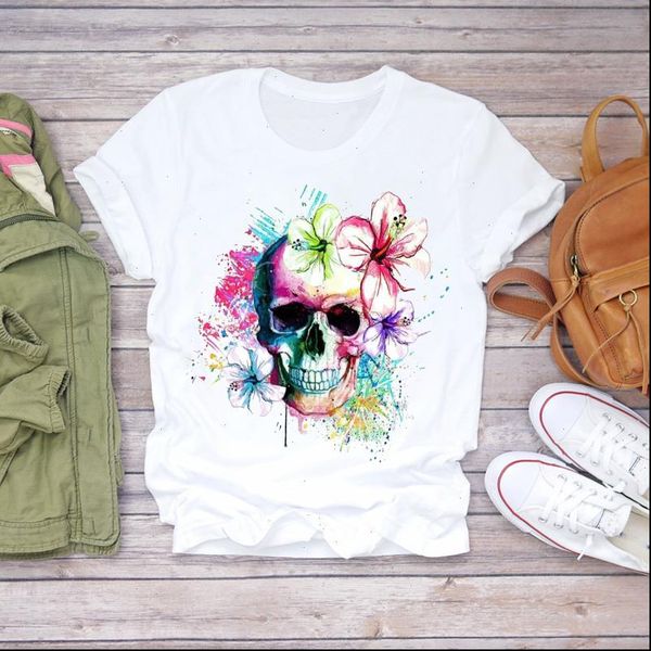 

women watercolor skull floral fall halloween 90s print lady t shirts womens graphic t shirt ladies female tee t shirt, White