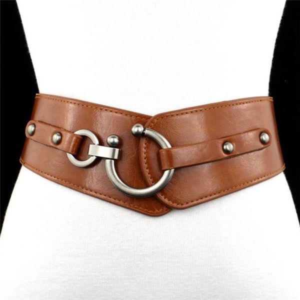 

belts fashion elastic wide belt strap vintage women faux leather buckle solid color waistband, Black;brown