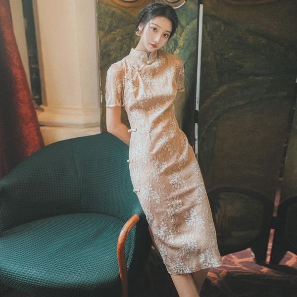 

ethnic clothing women chinese style lace floral cheongsams elegant slim fit party formal vestidos qipao vintage traditional lady pretty dres, Red
