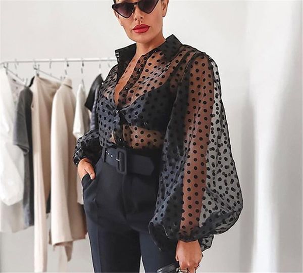 

women polka dot retro mesh shirt blouse lady early autumn modern vogue see through loose polka dot button puff sleeve blouse high, White