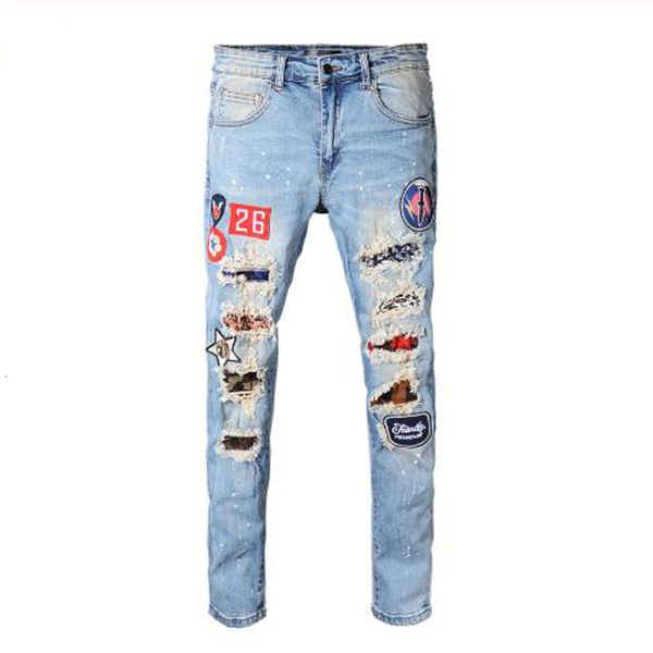 

2021 new special price men's plus size badge patches ripped jeans slim skinny patchwork holes distressed stretch denim pants trousers a, Blue