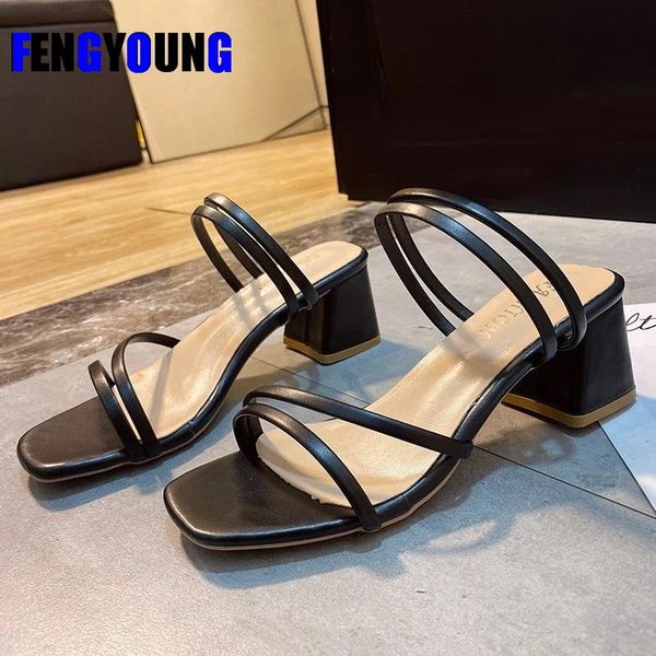 

slippers 2021 summer female sandals ladies high heels square shoe open toe slides party shoes women for, Black