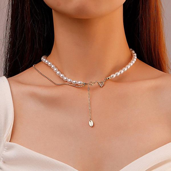 

chokers simple fashion creative personality stitching tassel love learl necklace temperament geometry metal snake bone chain for women, Golden;silver