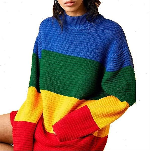 

2021 autumn winter loose sweater female rainbow pullover knitwear wide stripe full sleeve high collar knitting jumpers vestidos, White;black