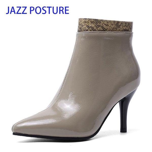 

boots fashion patent leather pu pointed toe high heel shoes woman zipper ankle women thin z320, Black