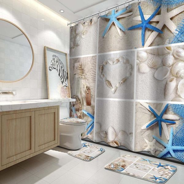 

shower curtains 4 pcs beach curtain set with non-slip rug, toilet lid cover and bath mat, ocean seashell, waterproof nautical starfish