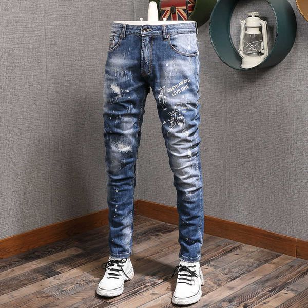 

fashion streetwear men jeans vintage retro blue elastic cotton slim fit ripped punk printed designer hip hop pants z20s