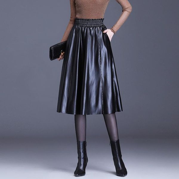 

autumn women pu leather skirt elastic waist ladies large swing long skirt winter faux leather spring female split black