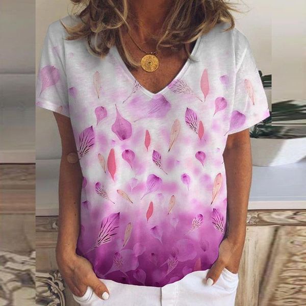 

women's t-shirt summer leaf flower print women shirt casual loose v-neck short sleeve vintage fashion tee cloting, White