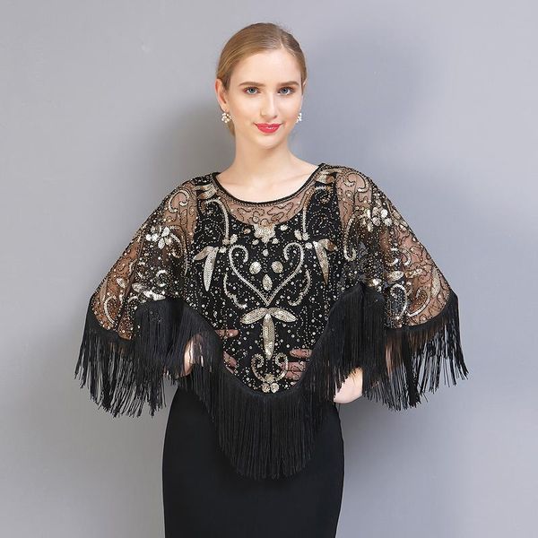 

scarves women's 1920s sequin shawl mesh tassel evening party cape flapper cover up short sleeve blouses, Blue;gray