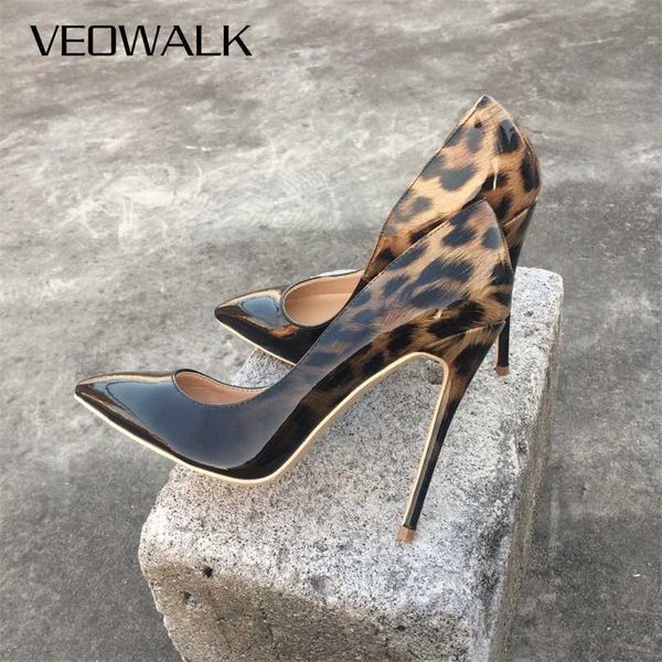 

veowalk fashion women leopard patent leather pumps pointed toe 8-12cm stiletto ultra high heel ladies party shoes size34-43 211101, Black