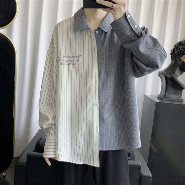 

2021 autumn new vertical stripe long sleeve men's korean chao brand loose stitching irregular shirt, White;black