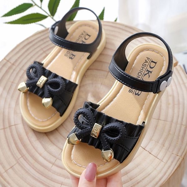 

girls sandals kids bowtie sandals for toddlers big children flouncing wave style princess sweet pvc sandals with buckle 21-35 210306, Black;red