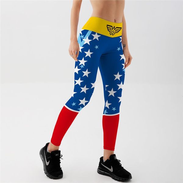 

qickitout five star red yellow womens leggings blue sky eagle high waist digital printing fitness trousers wholesales, Black