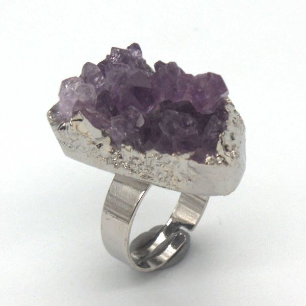 

designer wholesale 10 pcs silver plated gold plated resizable irregular shape natural purple amethyst ring fashion jewelry, Golden;silver