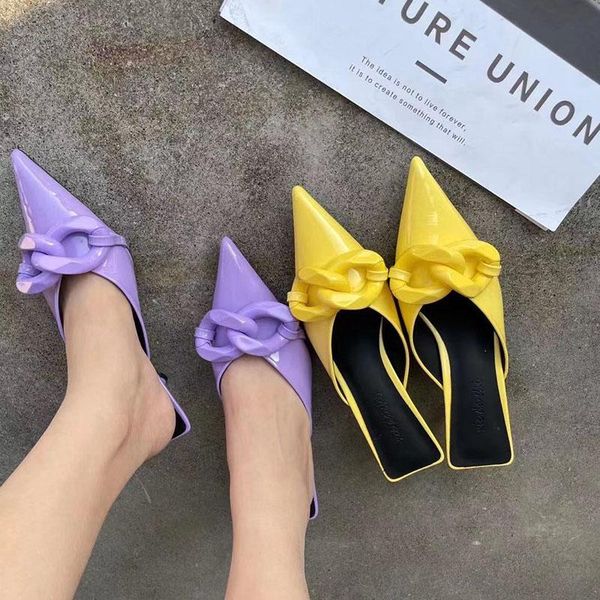 

2021 new women slipper brand buckle pointed toe slip on mules shoes ladies thin low heel outside slides female sandal, Black