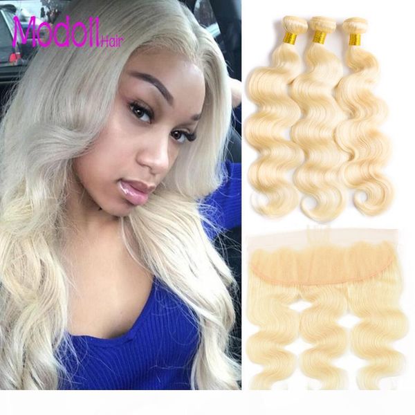

modoll hair 613 blonde bundles with frontal peruvian body wave virgin hair 13*4 ear to ear swiss lace frontal remy human hair, Black;brown