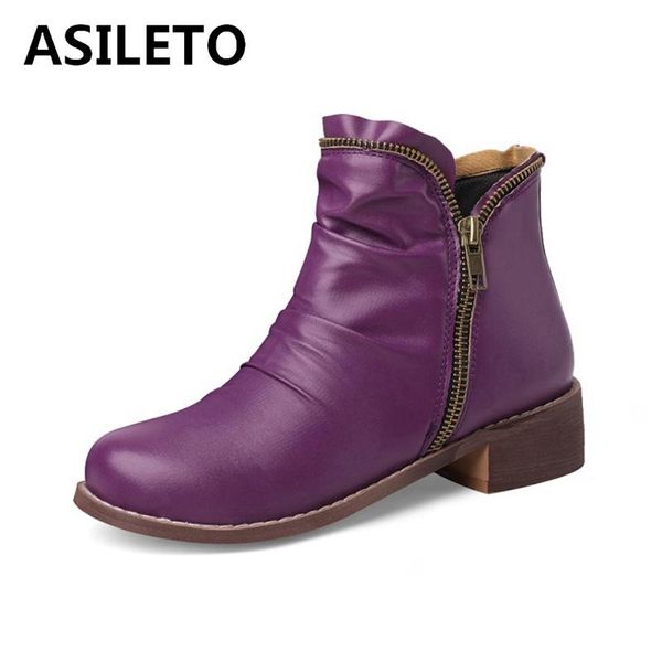 

boots asileto 2021 retro ankle knight zip pleated block heel short plush shoes big size 32-54 red green black brown blue a4490