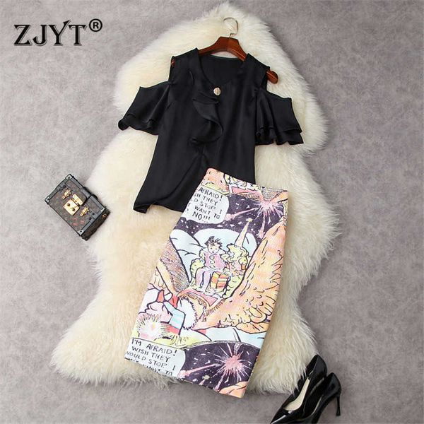 

fashion summer women's clothing ruffles off the shoulder shirt and print pencil skirt 2 piece suit set office lady outfits 210601, White