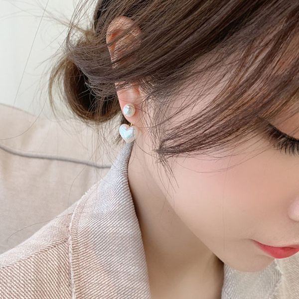 

2021real 925 sterling silver needle stud earrings for women jewelry double side heart pearl female earrings, Golden