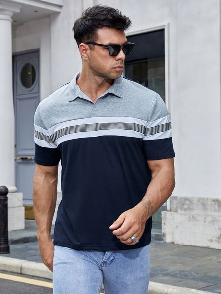 

extended sizes men color block striped polo shirt m66d#, White;black