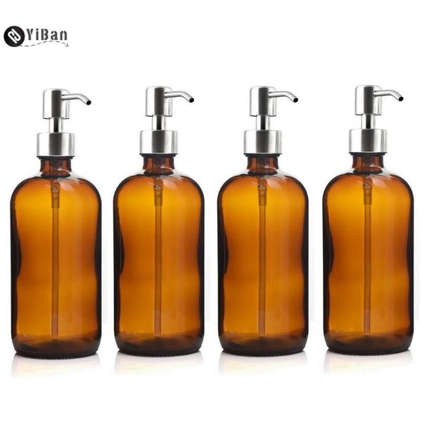 

storage bottles & jars 4pcs 500ml amber glass pump bottle with stainless steel lotion for bathroom essential oils shampoo liquid soap dispen
