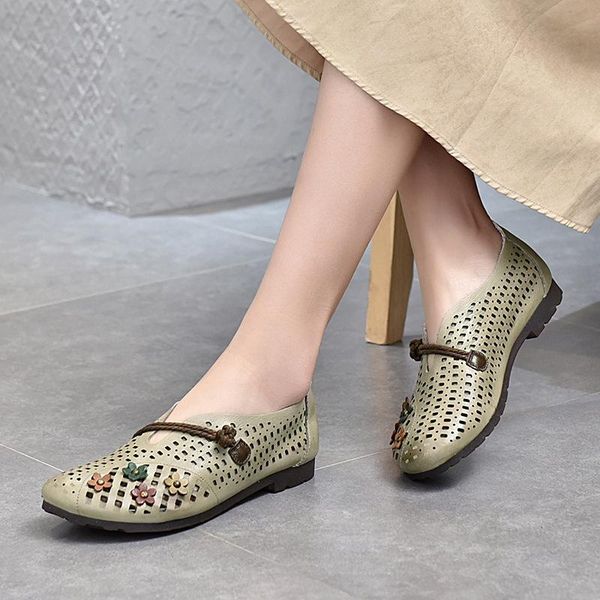 

sandals 2021 spring summer ethnic style genuine leather women's shoes handmade flowers hollow flat-heeled single cowhide, Black