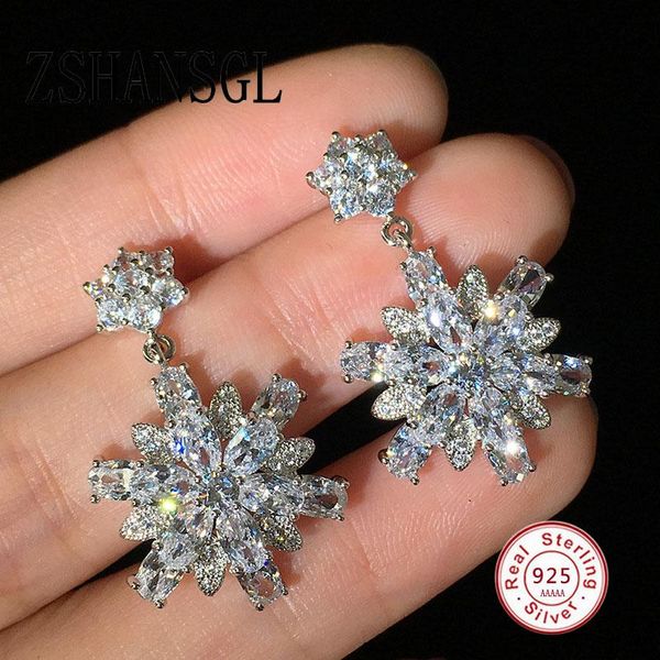 

stud romantic snowflower earrings for wedding elegant 925 sterling silver cubic zirconia stone earring jewelry, Golden;silver