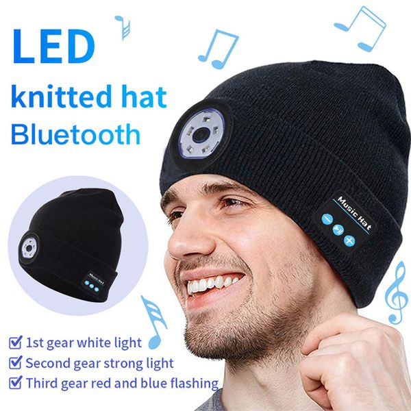 LED Beanie Chapéu Fones De Ouvido com Usb Recarregável Luz Bluetooth Stereo Alto-falantes para Inverno Knit Knit Cap Proteção para correr Passeios, Pesca, Camping, Caça
