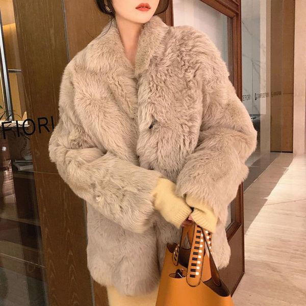 

women's fur & faux autumn winter coat women elegant thick warm fluffy korean fashion jackets loose plush overcoat, Black
