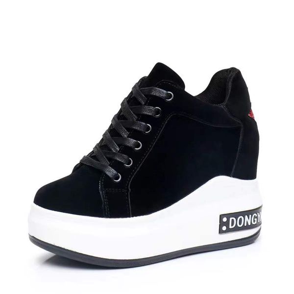 

pu leather casual shoes lace up wedges high heels woman 12cm height increasing wedge sneaker fashion women designers wedge sneakers, Black