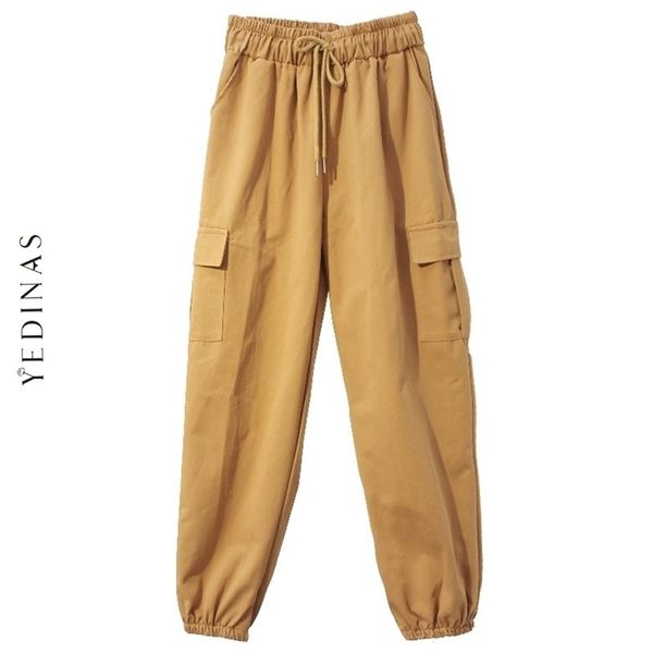 Pantaloni Harem coreani Yedinas Donna Autunno Casual Verde Vita alta Streetwear Pantaloni larghi con tasca BF Style 210527