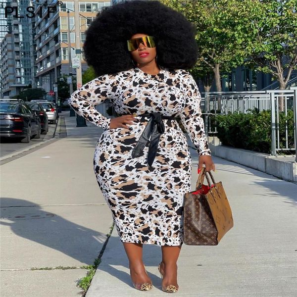 

casual dresses women long sleeve round neck leopard belt skirt daily commuter fashion dress autumn, Black;gray