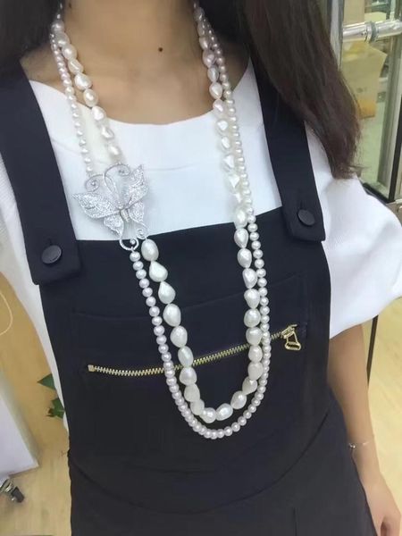 

sell 2strands white freshwater pearl necklace zircon accessories butterfly buckle flower fashion jewelry, Silver