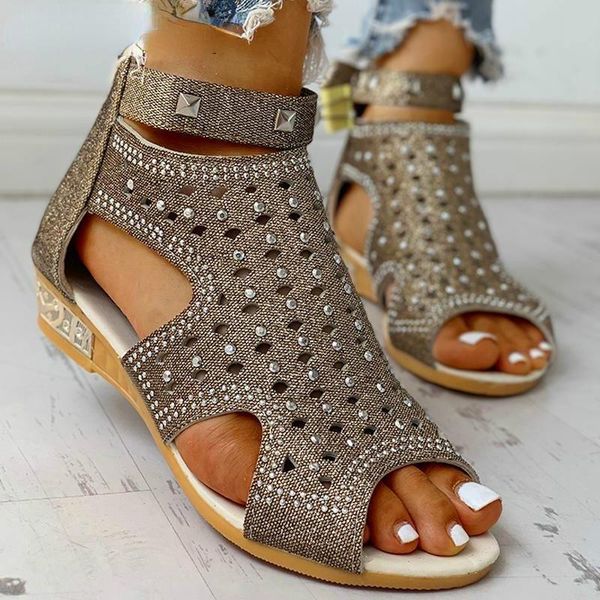 

sandals 2021 women's wedge ladies fish mouth hollow roma summer shoes fashion casual non-slip crystal bling footwear, Black