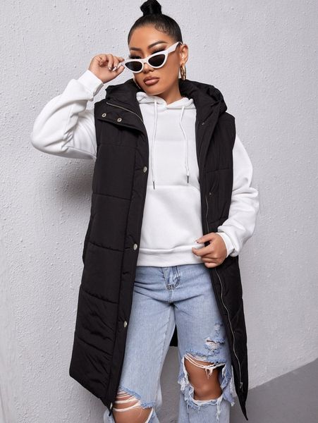 

sxy zip up snap button hooded puffer vest coat x4ij#, Black