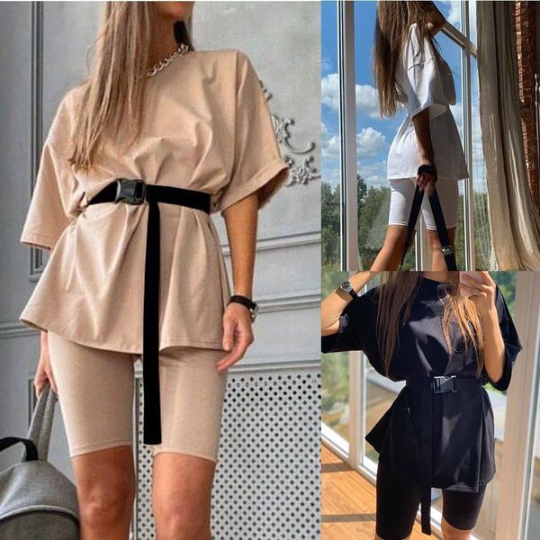 

womens tracksuit shirt trousers two-piece set with belt o-neck loose short sleeve sports casual suit streetwear outfits, Gray