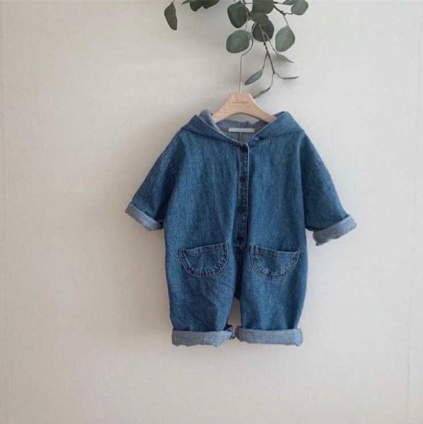 

rompers 2021 boys girls denim hooded cotton full sleeve autumn babys jumpsuit, Blue