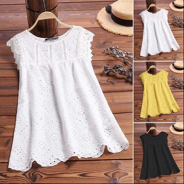 

2021 summer tank plus size womens casual loose cotton o neck hollow out fashion sleeveless vest camis haut femme, White
