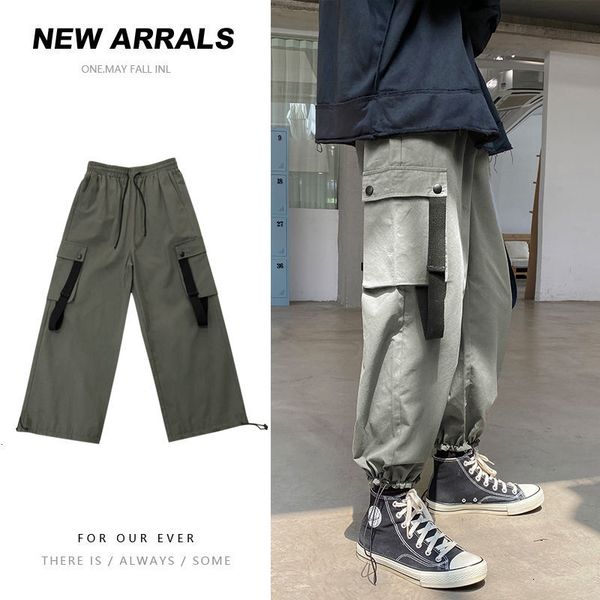 

2021 new spring summer cargo fashion retro multi-pocket casual men streetwear korean hip-hop straight wide leg pants mens iytj, Black